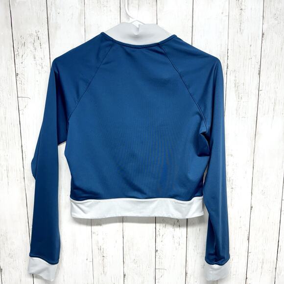 Nike Sweater Women Sz M Long Sleeve Cropped Graphic T Shirt Logo Blue Mock Neck - Picture 4 of 4